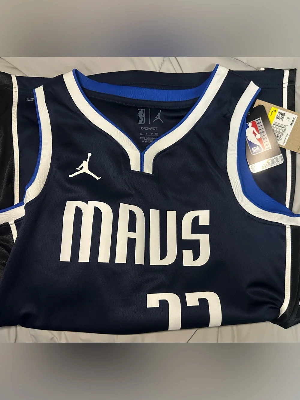 Jordan Navy and White Luka MAVS Basketball Jersey with Blue Trim